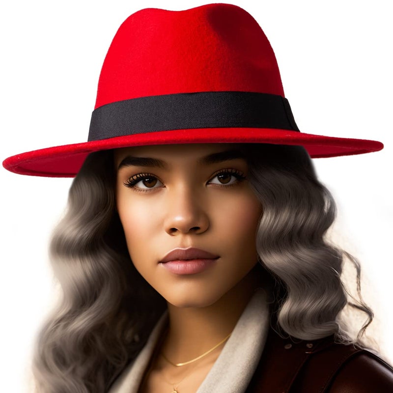 LADYBRO Felt Wide Brim Fedora Hats for Women Men Gift (Wool, Red, fits 22" - 22 7/8") - Image 1